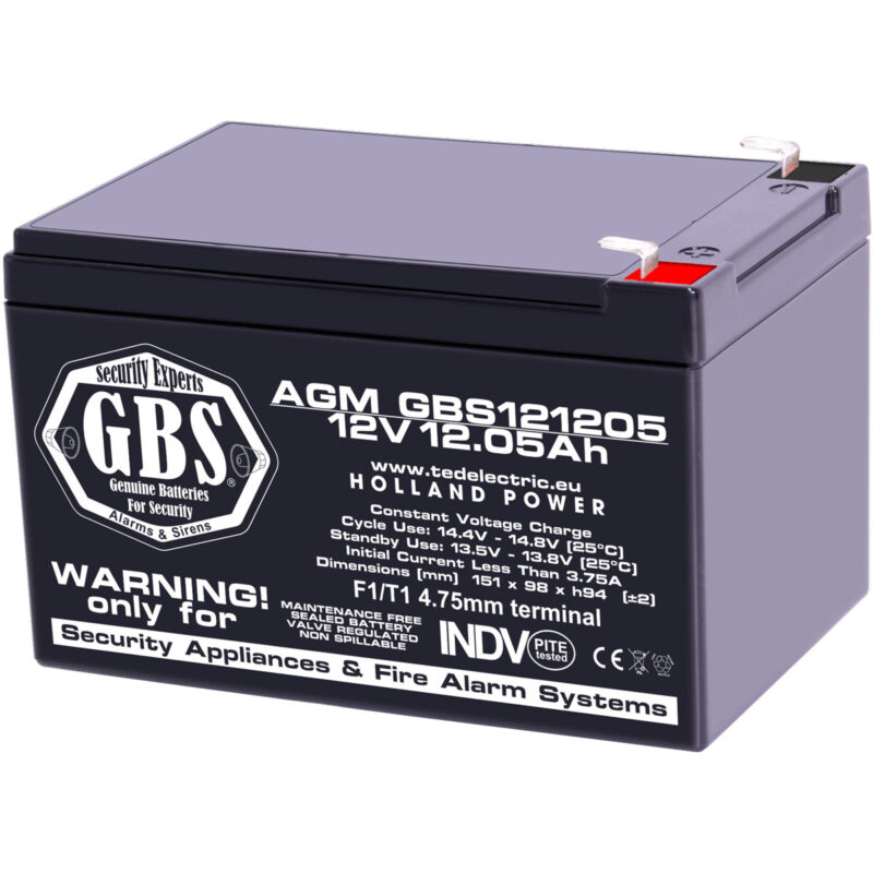 12V 12.05Ah AGM Battery GBS121205 - VRLA / Recharageable / for security systems - Ted Electric