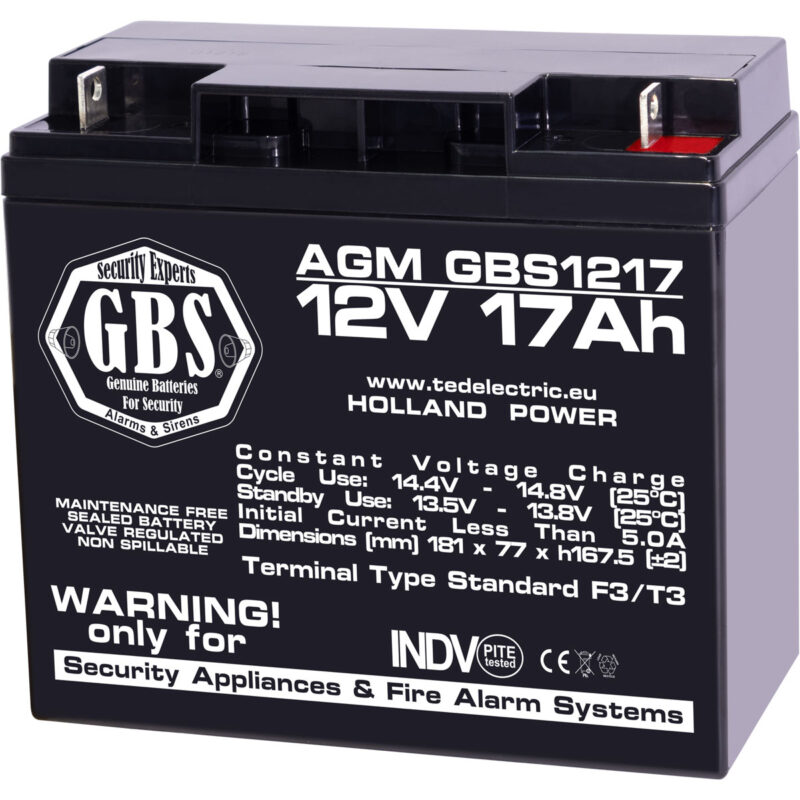 12V 17Ah AGM Battery GBS1217 - VRLA / Recharageable / for security systems - Ted Electric