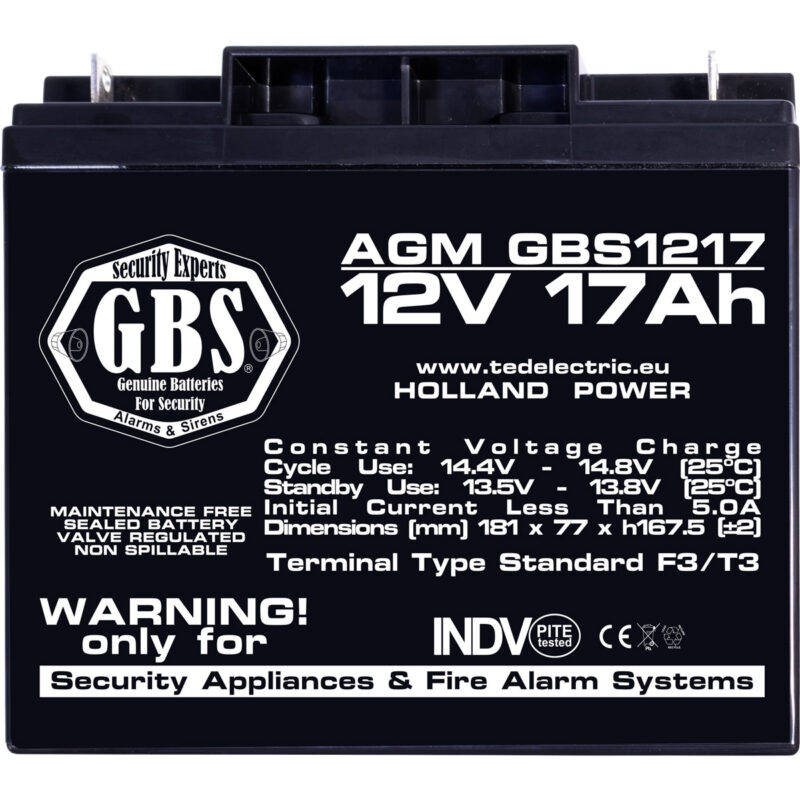 12V 17Ah AGM Battery GBS1217 - VRLA / Recharageable / for security systems - Ted Electric - Image 3