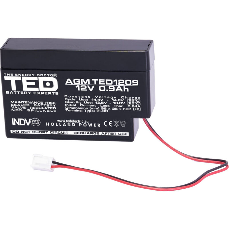 12V 0.9Ah AGM Battery TED1209 - VRLA / Rechargeable - TED Electric