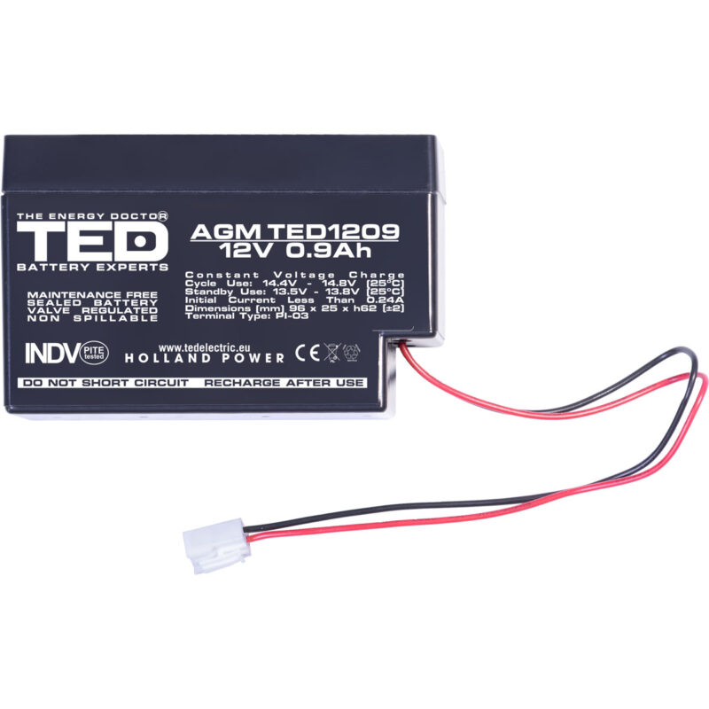 12V 0.9Ah AGM Battery TED1209 - VRLA / Rechargeable - TED Electric - Image 3