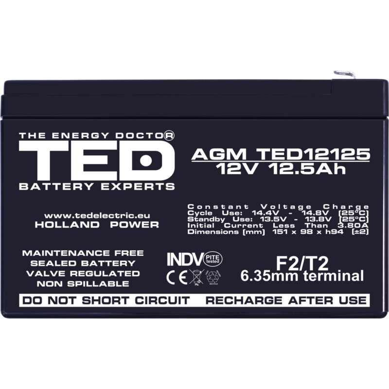 12V 12.5Ah AGM Battery TED12125 - VRLA / Rechargeable - TED Electric - Image 3