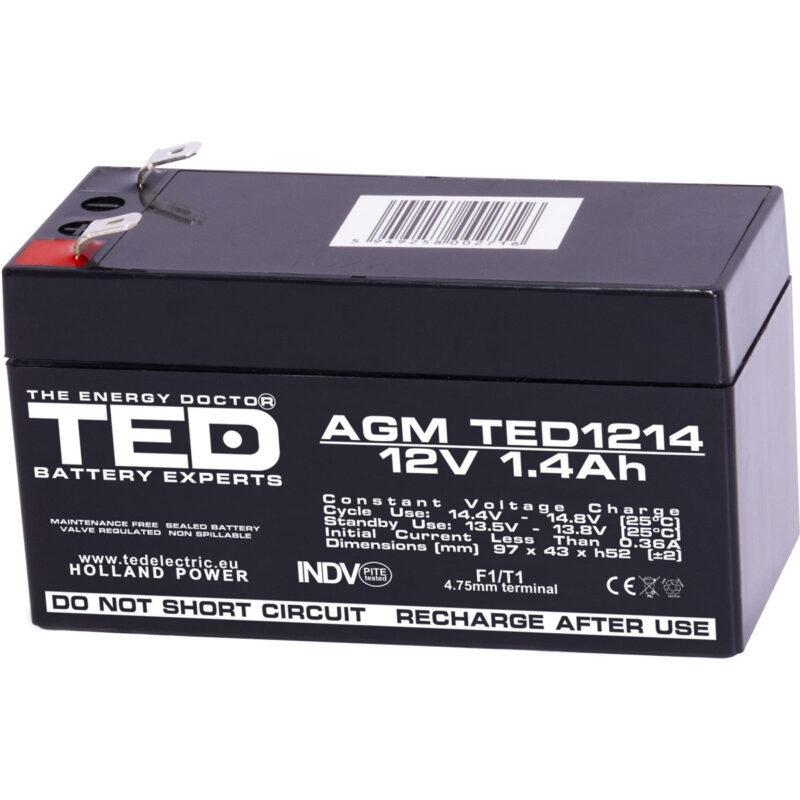 12V 1.4Ah AGM Battery TED1214 - VRLA / Rechargeable - TED Electric