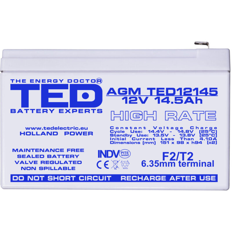 12V 14.5Ah AGM High Rate TED12145 - VRLA / Rechargeable - TED Electric - Image 3