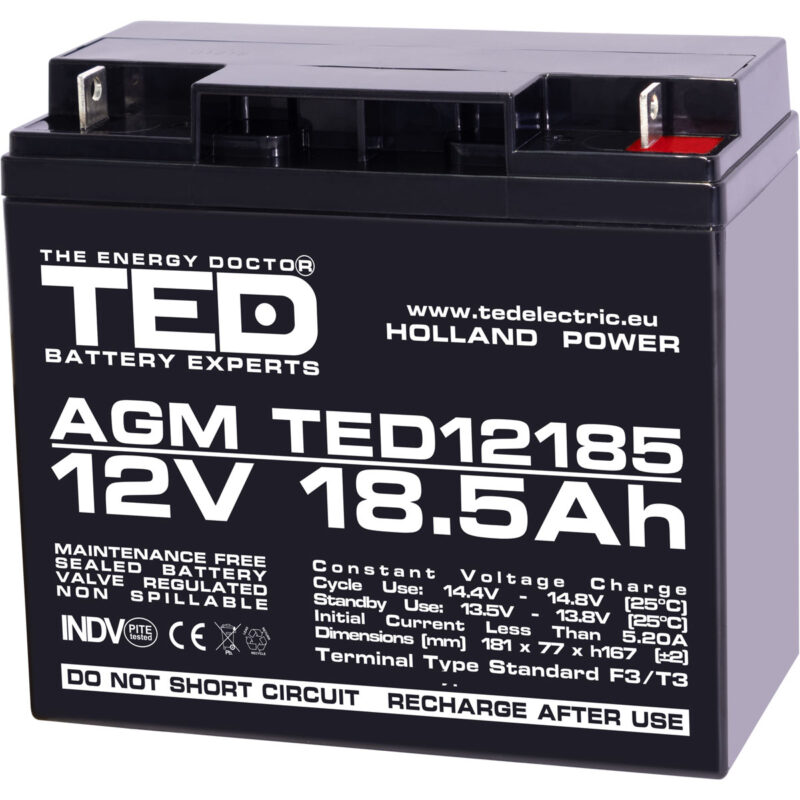 12V 18.5Ah AGM Battery TED12185 - VRLA / Rechargeable - TED Electric