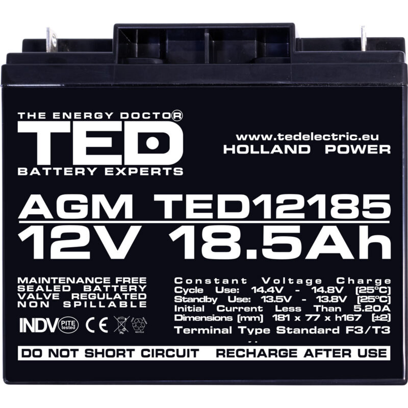 12V 18.5Ah AGM Battery TED12185 - VRLA / Rechargeable - TED Electric - Image 3