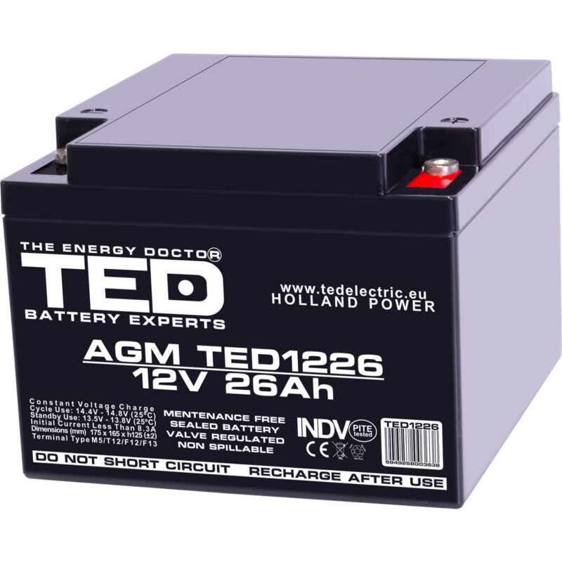 12V 26Ah AGM Battery TED1226 - VRLA / Rechargeable - TED Electric