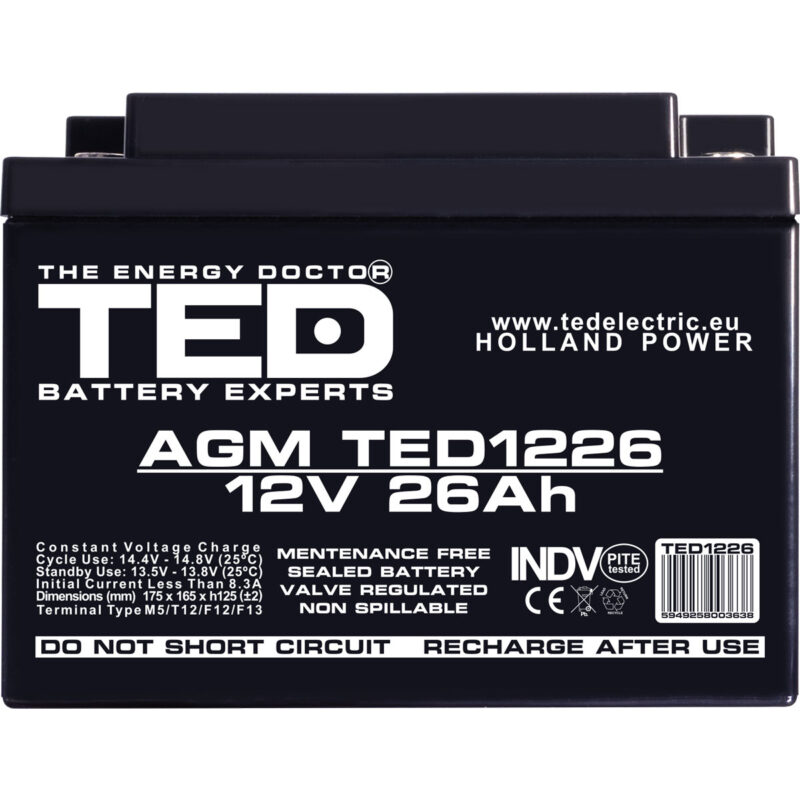 12V 26Ah AGM Battery TED1226 - VRLA / Rechargeable - TED Electric - Image 3