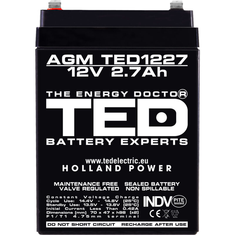 12V 2.7Ah AGM Battery TED1227 - VRLA / Rechargeable - TED Electric - Image 3