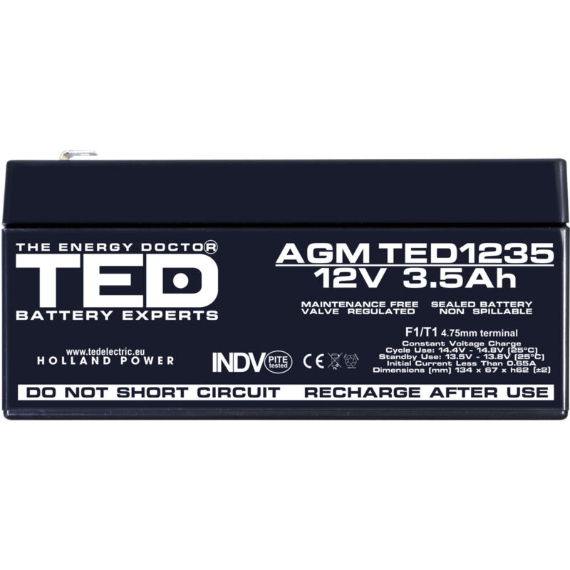 12V 3.5Ah AGM Battery TED1235 - VRLA / Rechargeable - TED Electric - Image 3