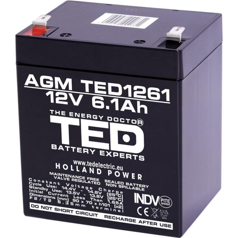 12V 6.1Ah AGM Battery TED1261 - VRLA / Rechargeable - TED Electric