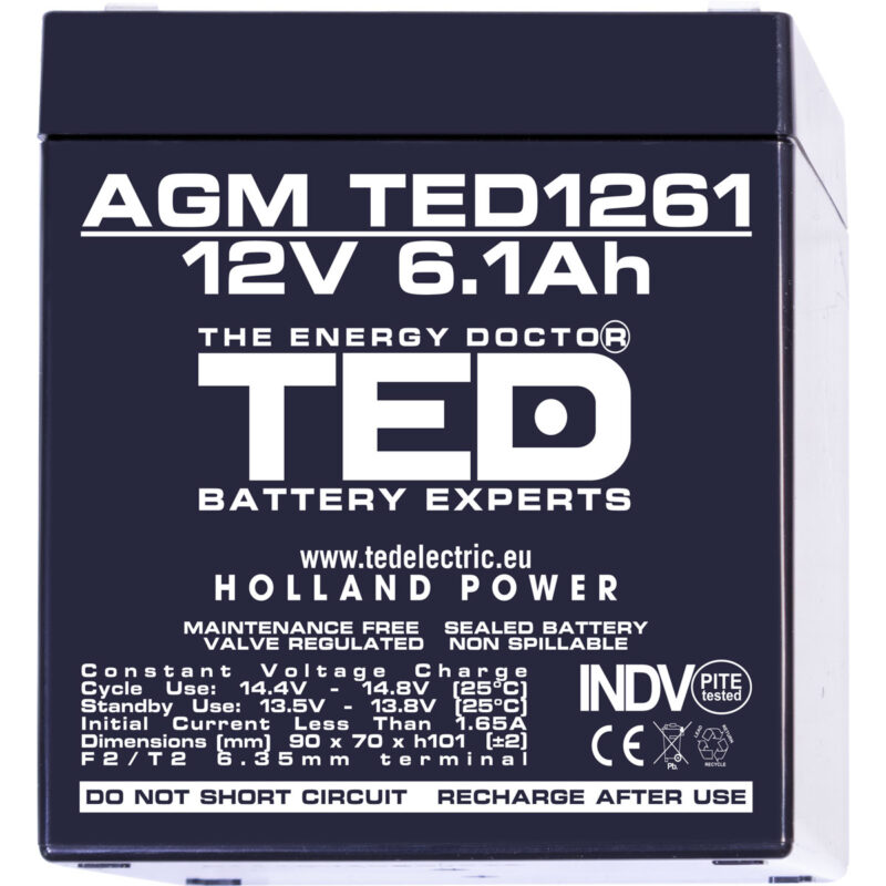 12V 6.1Ah AGM Battery TED1261 - VRLA / Rechargeable - TED Electric - Image 3