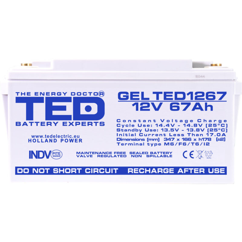 12V 67Ah GEL Deep Cycle TED1267- VRLA / Rechargeable -TED Electric - Image 3