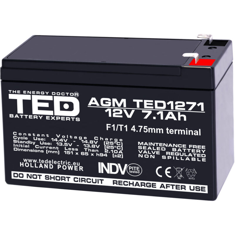 12V 7.1Ah AGM Battery TED1271F1 - VRLA / Rechargeable - TED Electric