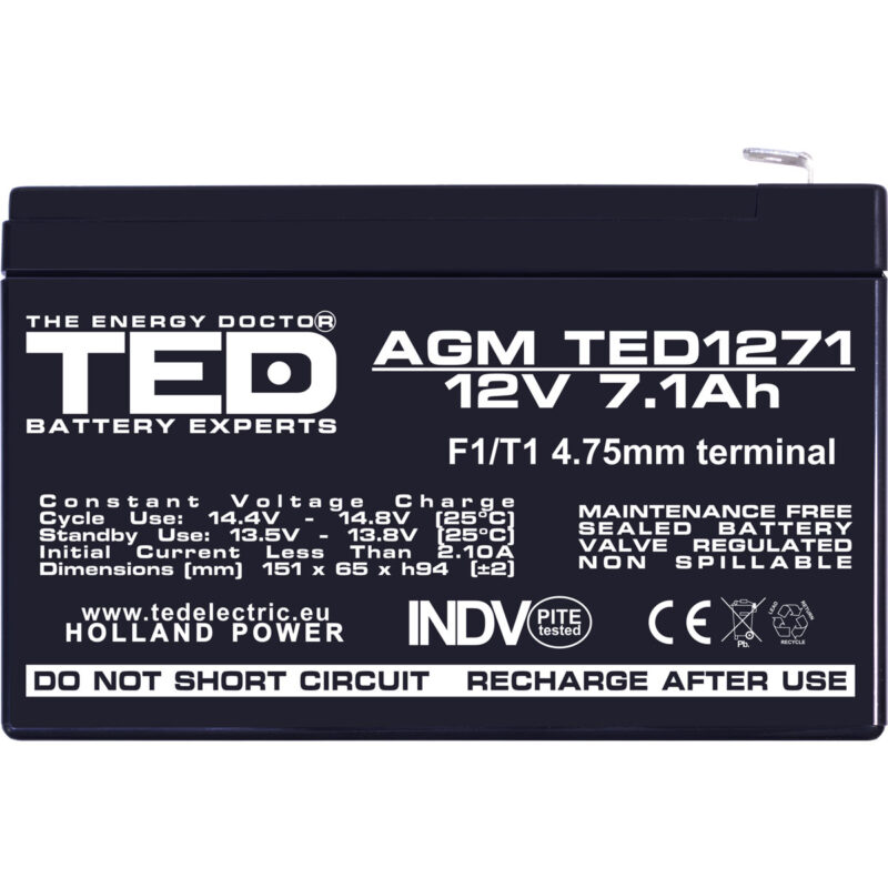 12V 7.1Ah AGM Battery TED1271F1 - VRLA / Rechargeable - TED Electric - Image 3