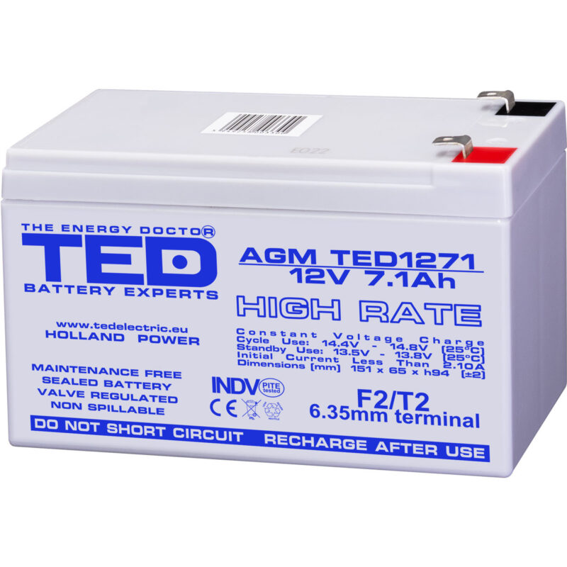 12V 7.1Ah AGM High Rate TED1271 - VRLA / Rechargeable - TED Electric