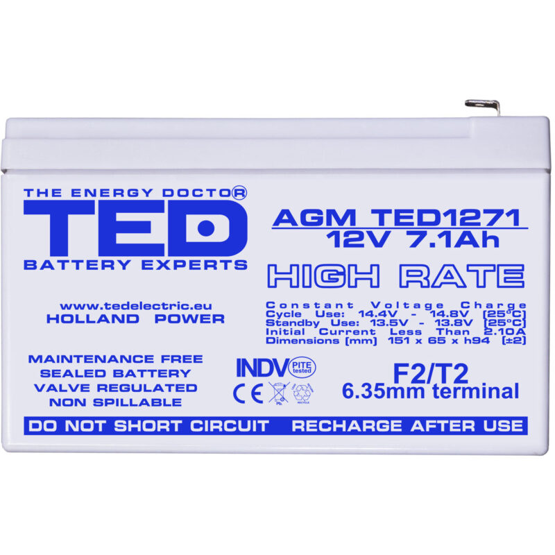 12V 7.1Ah AGM High Rate TED1271 - VRLA / Rechargeable - TED Electric - Image 3