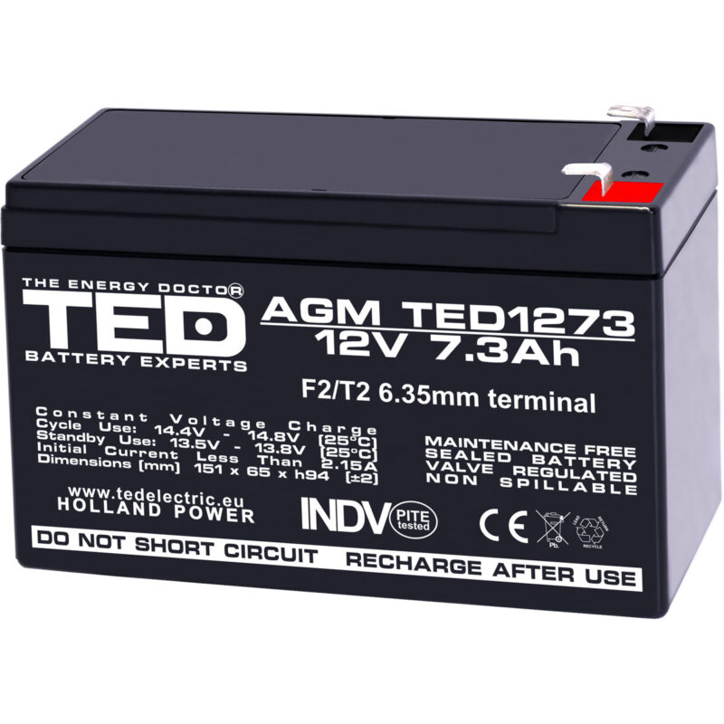 12V 7.3Ah AGM Battery TED1273 - VRLA / Rechargeable - TED Electric