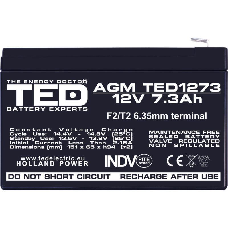 12V 7.3Ah AGM Battery TED1273 - VRLA / Rechargeable - TED Electric - Image 3