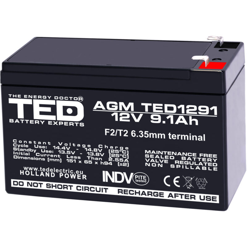 12V 9.1Ah AGM Battery TED1291 - VRLA / Rechargeable - TED Electric