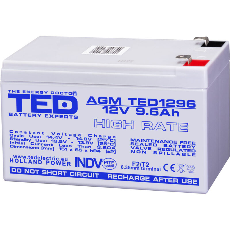 12V 9.6Ah AGM High Rate TED1296 - VRLA / Rechargeable - TED Electric