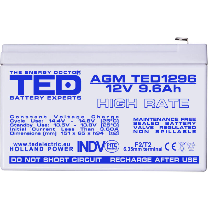 12V 9.6Ah AGM High Rate TED1296 - VRLA / Rechargeable - TED Electric - Image 3