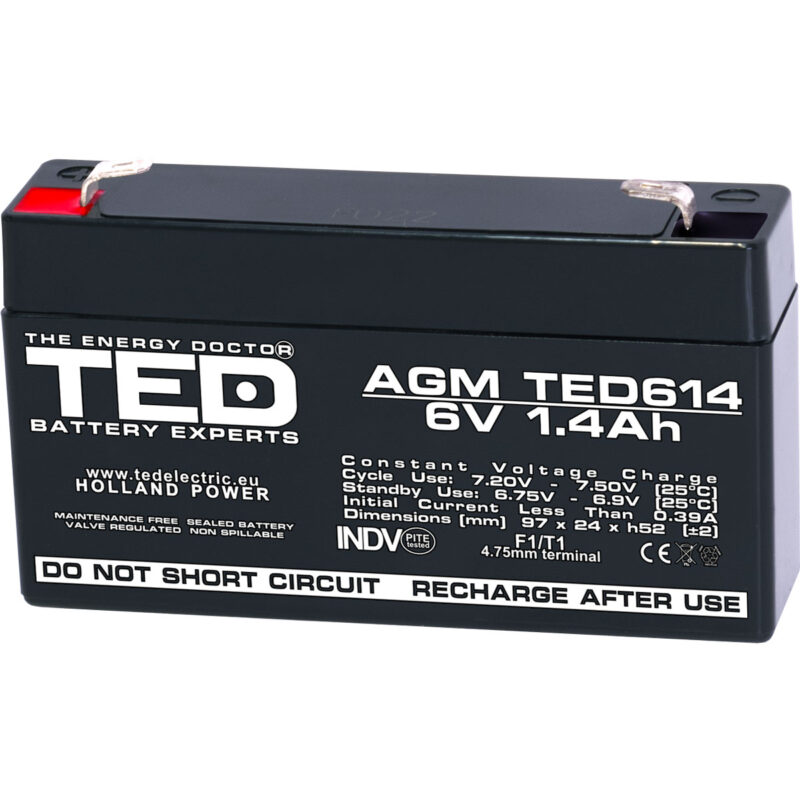 6V 1.4Ah AGM Battery TED614 - VRLA / Rechargeable - TED Electric