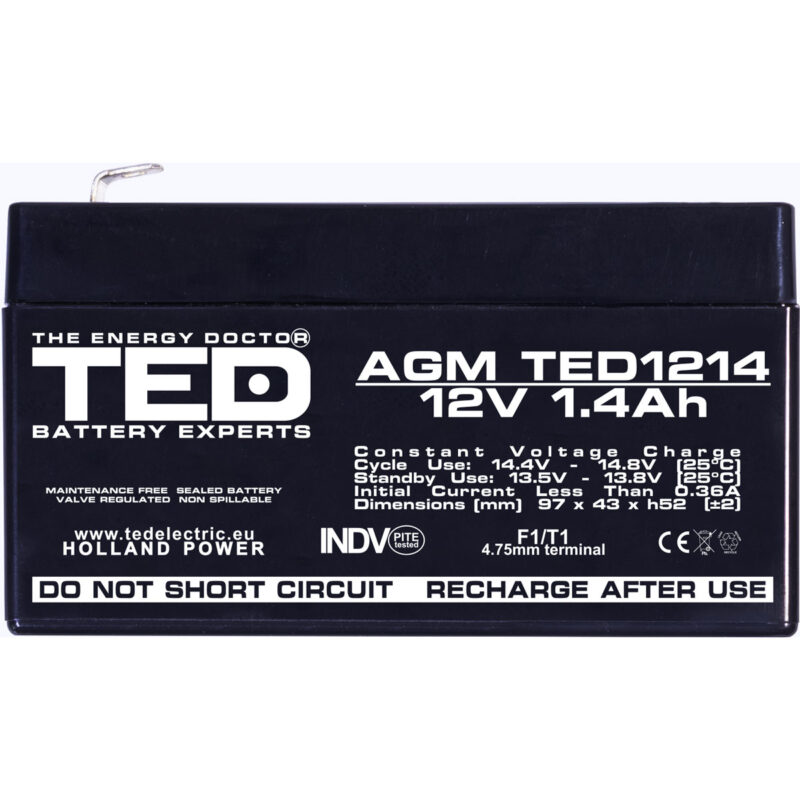 12V 1.4Ah AGM Battery TED1214 - VRLA / Rechargeable - TED Electric - Image 3