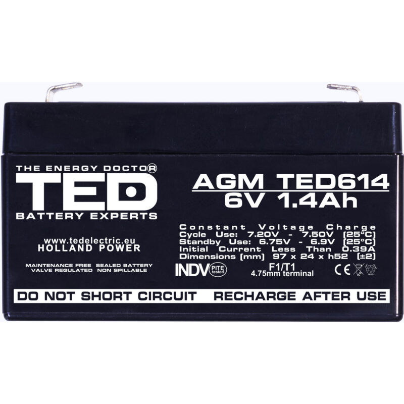 6V 1.4Ah AGM Battery TED614 - VRLA / Rechargeable - TED Electric - Image 3