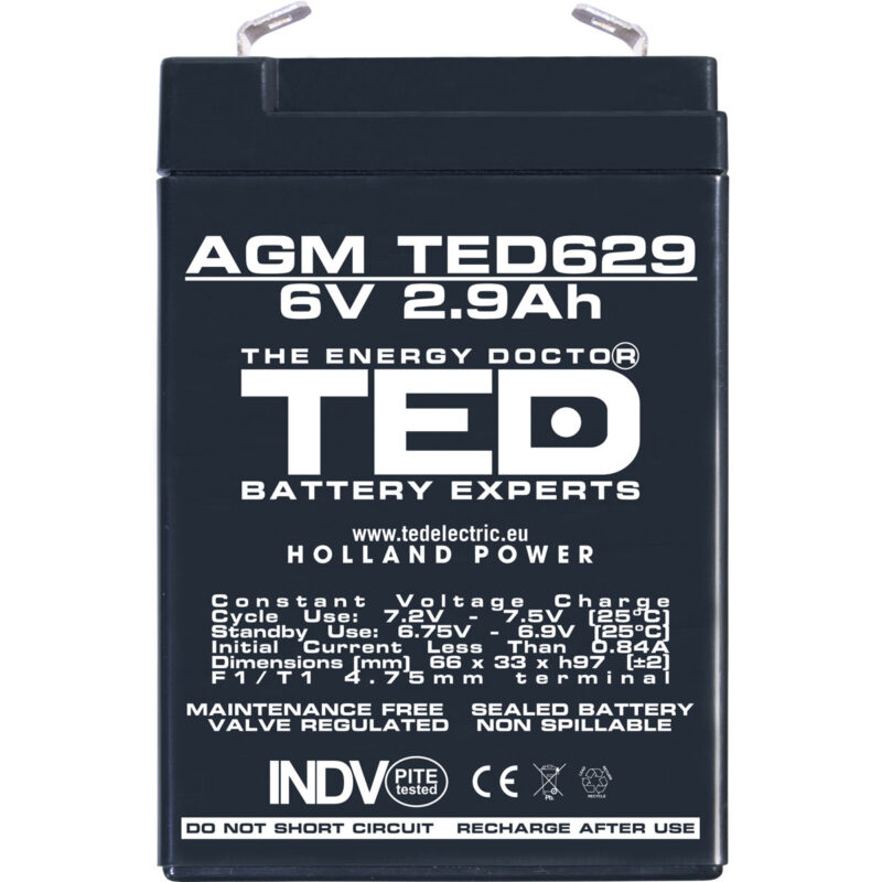 6V 2.9Ah AGM Battery TED629 - VRLA / Rechargeable - TED Electric - Image 3