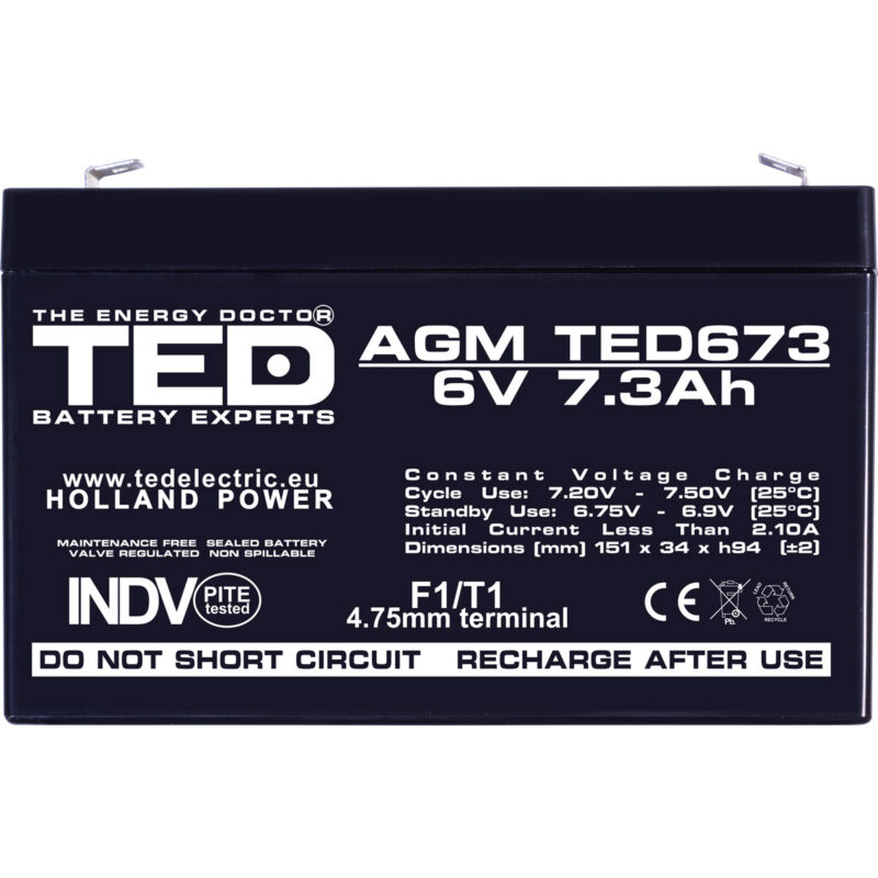 6V 7.3Ah AGM Battery TED673 - VRLA / Rechargeable - TED Electric - Image 3