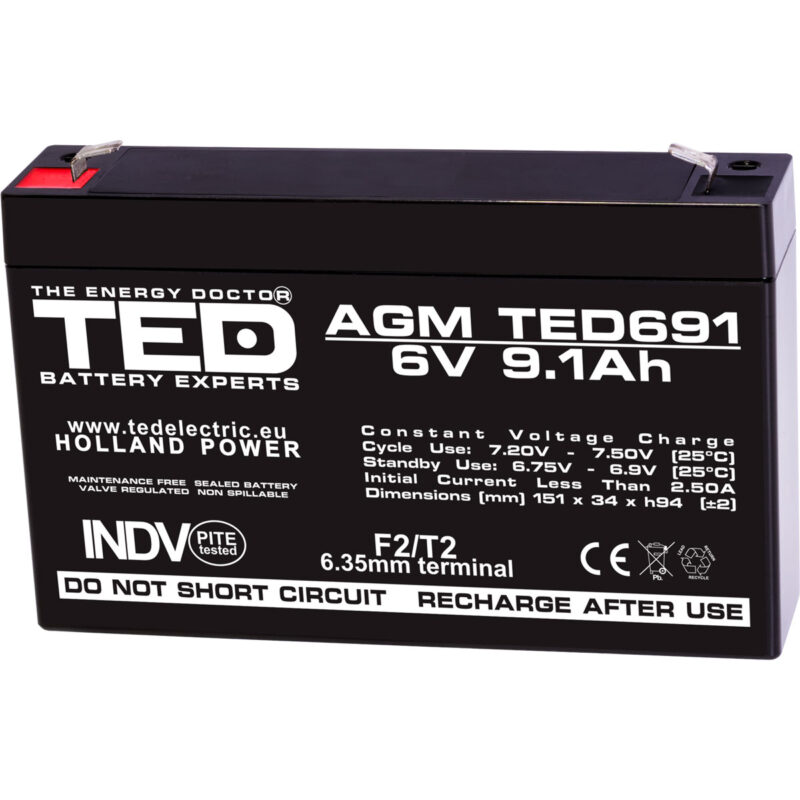 6V 9.1Ah AGM Battery TED691 - VRLA / Rechargeable - TED Electric