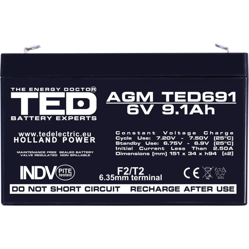 6V 9.1Ah AGM Battery TED691 - VRLA / Rechargeable - TED Electric - Image 3